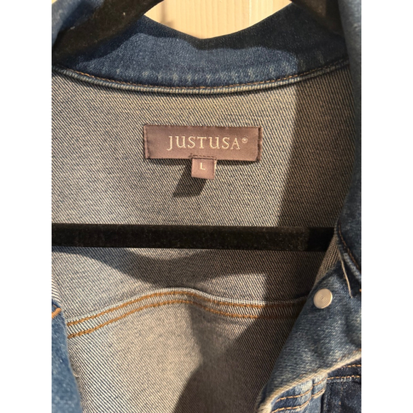 Women's JUSTUSA Blue Jean Jacket Size L with Brown Stitching - Picture 2 of 2